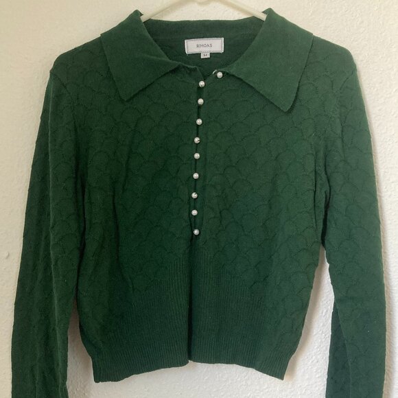 Dark Green Lapel Ribbed Textured Knit Top - Picture 1 of 3